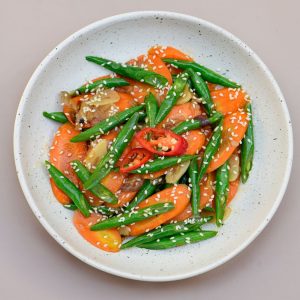 Beans and carrots served at THIS IS BALI restaurant in Ubud, a healthy and colorful Indonesian-inspired side dish from one of the best restaurants in Ubud