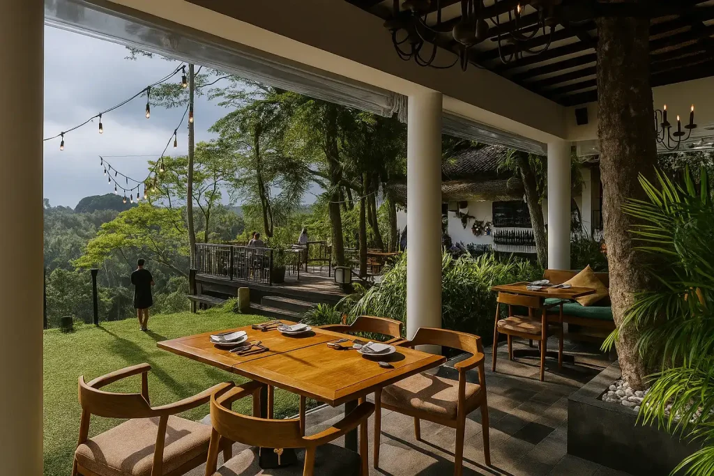 The Sayan House Ubud restaurant overlooking the Ayung River Valley, featuring fusion Japanese–Latin cuisine and breathtaking sunset views in Bali.